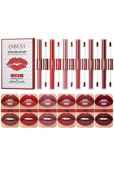 QIBEST 2-in-1 dual head lip gloss waterproof non stick cup non fading lipstick set B