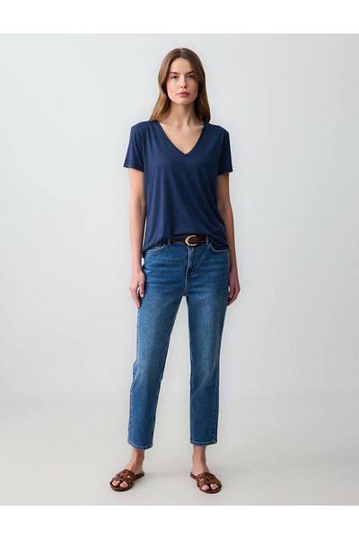 Jimmy Key Navy Blue V-Neck Short Sleeve Knitted Modal T-Shirt