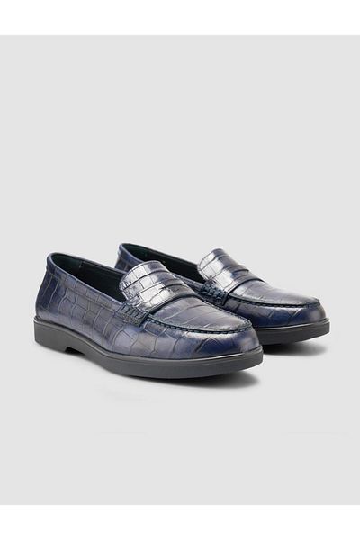 Cabani 100% Genuine Leather Navy Blue Croco Pattern Women's Loafer