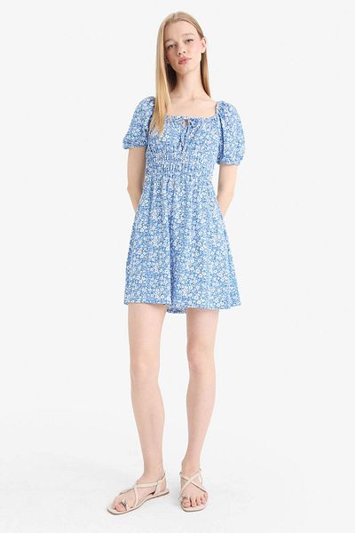 DeFacto Mini rochie de vară cu mânecă scurtă cu guler pătrat floral E0874ax25sm
