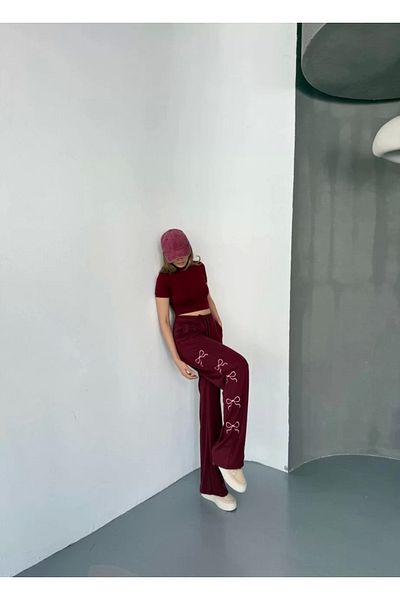 1001moda Pantaloni de trening confortabili cu picior larg, brodați, din material textil moale Osy Modal - Roșu Claret