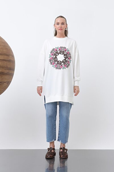Puane Γυναικείο τουνίκ με στρογγυλό κέντρο με κέντημα λουλουδιών - 10668TUN - ECRU