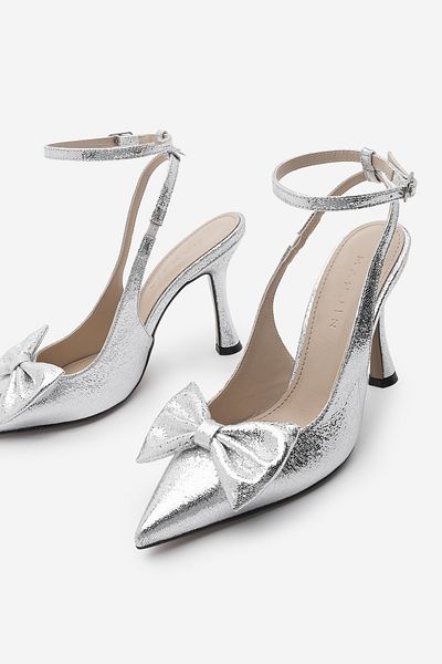 Marjin Stiletto de damă Laverta Silver - Tocuri înalte cu curea la gleznă și detaliu cu fundă