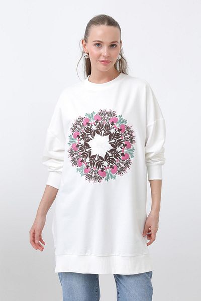 Puane Women's Round Flower Embroidered Tunic - 10668Tun - Ecru
