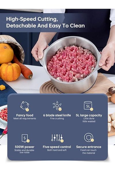 COOYA Electric Meat Grinder, 5-Speed, 500W, 5L Capacity, Multipurpose Food Processors for Kitchen