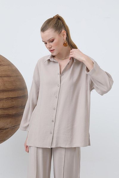Loreen Women's Robe Button Detailed Short Shirt - 20631Gml - Stone