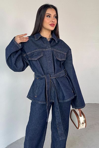 Cappmoda TKM-3689 Μπουφάν με ζώνη Navy Blue τζιν Palazzo Παντελόνι Διπλό Σετ