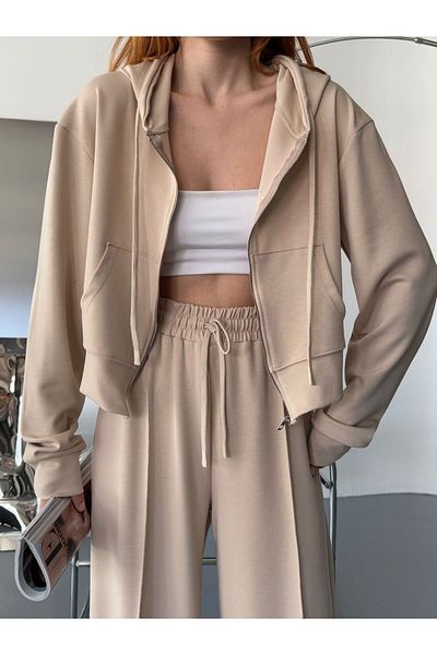 Cappmoda Tkm-1101 Stone Color Modal Fabric Zipper Hooded Cardigan Çimalı Loose Trousers Double Set