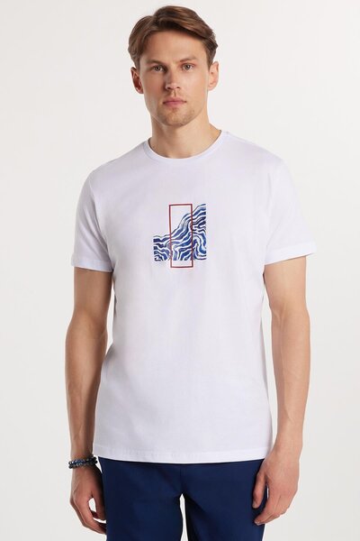 Tudors Ανδρικό T-shirt Slim Fit Slim Fit 100% βαμβακερό τυπωμένο λευκό μπλουζάκι με λαιμόκοψη