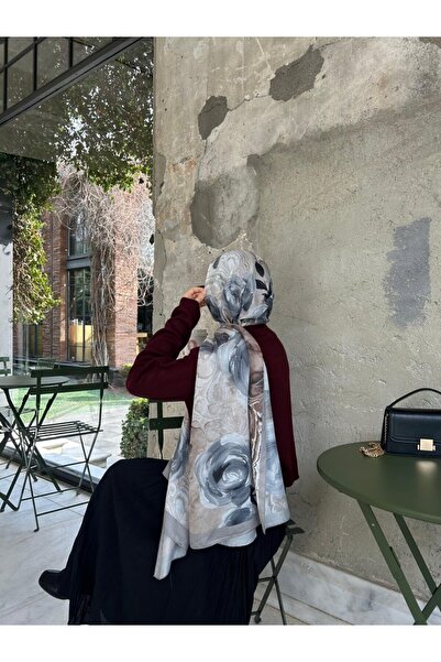 Qalortex Scarf Σάλι με βαμβακερό σχέδιο τριαντάφυλλου-Γκρι/μινκ