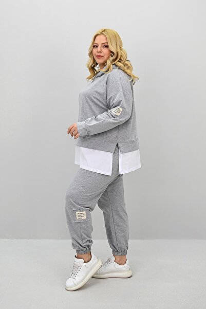 Koza Butik Women's Large Size Long Sleeve Hooded Rubber Leg Sweatpants Set 8180-25