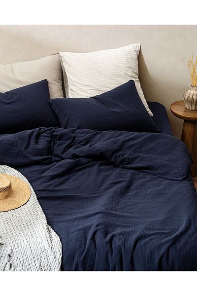 Madame Coco Marla Muslin Single 100% Cotton Elastic Duvet Cover Set - Navy Blue