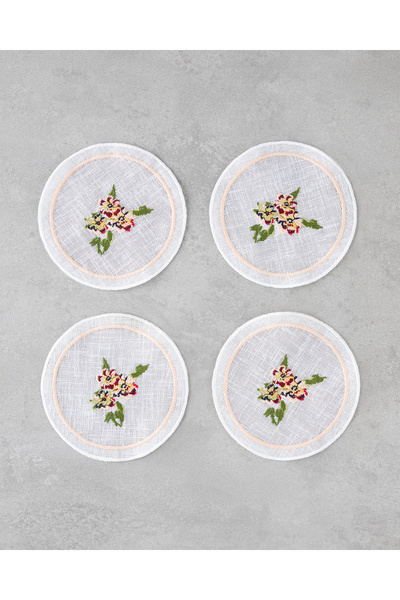 English Home Opalin Polyester 4'lü Bardak Altlığı 14 cm Beyaz - Kırmızı