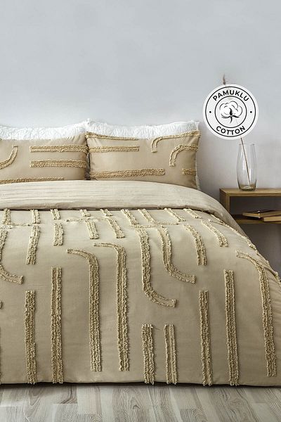 Evlen Home Collection طقم مفرش سرير قطن ساشا منقوش مقاس مزدوج بوهو 3 قطع مع حشوة بيج