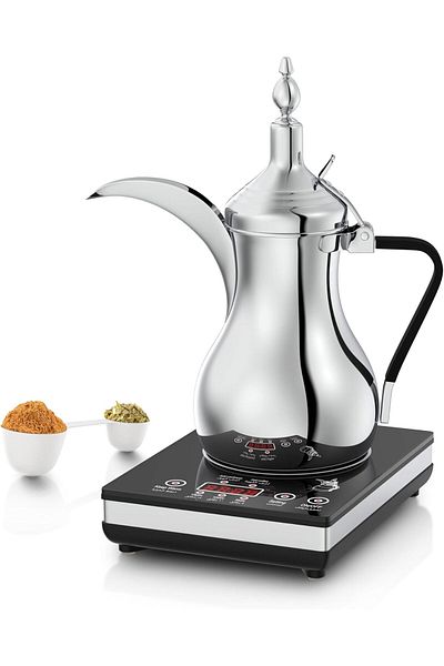 ALSAIF Electric Arabic Coffee Maker 900W with Comfortable Handle, Digital Screen, 0.6L, Silver, E03305