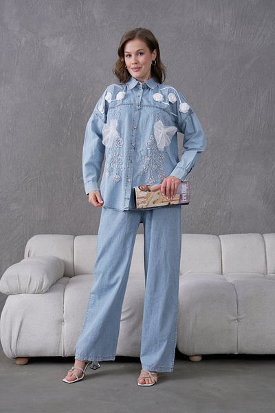 Miss Allos Women's Embroidered Rose Flower and Stone Decorated Bow Ribbon Detailed Denim Shirt and Denim Trousers Set