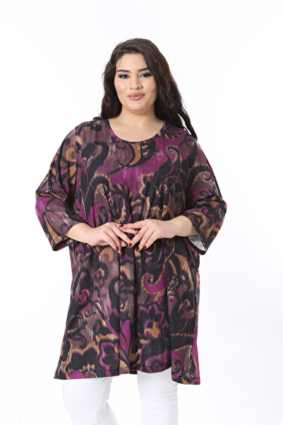 Şans Women's Plus Size Colorful Crew Neck Relaxed Fit Capri Sleeve Tunic Dress 65N38771