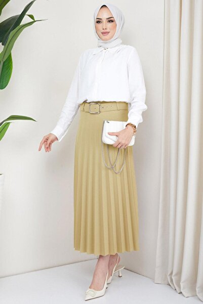 hafsamina Belted Pleated Skirt - Beige Hm2104