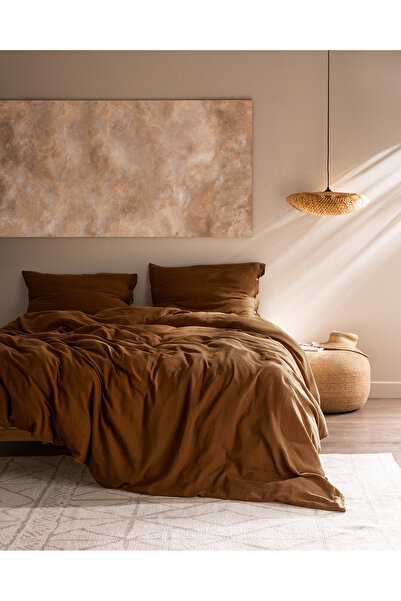 Madame Coco Marla Muslin King Size 100% Cotton Fitted Duvet Cover Set - Cinnamon