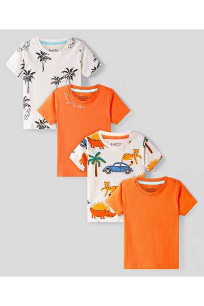 Bonfino Bonfino T-Shirts With Tropical & Text Print (Pack Of 4) - Orange & White