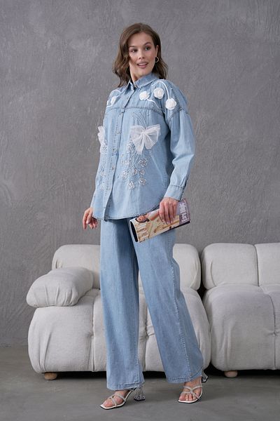 Miss Allos Women's Embroidered Rose Flower and Stone Decorated Bow Ribbon Detailed Denim Shirt and Denim Trousers Set