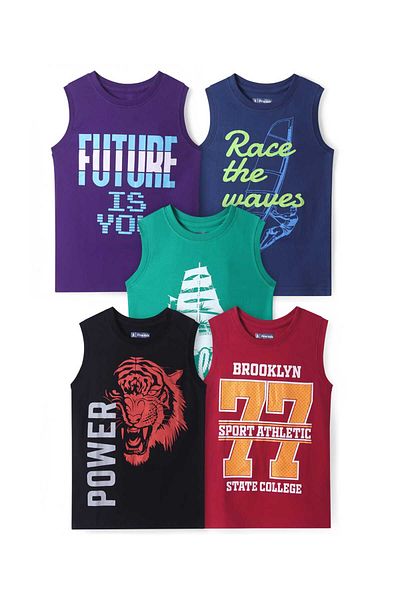 Pine kids Pine Kids Cotton Knit Sleeveless Tank T-Shirts Sport Theme & Future is You Pack of 5-Multicolor