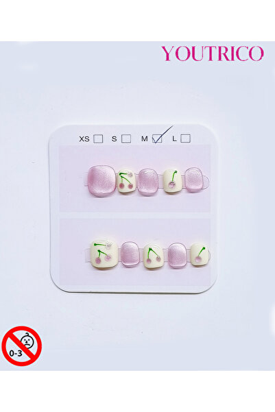 Youtrico أظافر لاصقة للأطفال مصنوعة يدويًا بنسبة 100% بنقوش الكرز: آمنة للأطف...