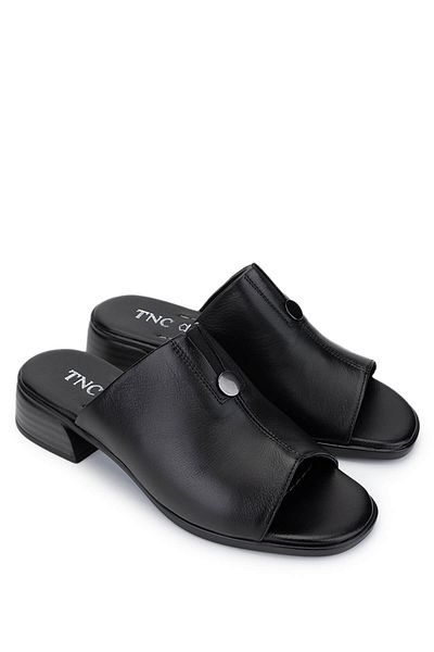 Tamer Tanca Women's Genuine Leather Black Leather Heeled Slippers