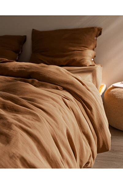 Madame Coco Marla Muslin Single 100% Cotton Elastic Duvet Cover Set - Cinnamon