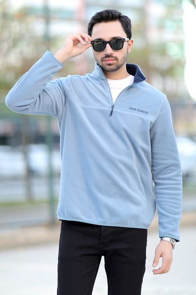 JB John Borners Men's Stand Collar Fleece Light Blue Half Zipper Embroidery Detailed Regularfit - 6001