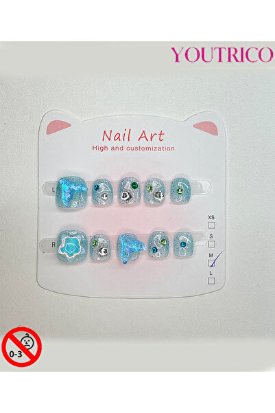 Youtrico أظافر لاصقة للأطفال مصنوعة يدويًا بنسبة 100%، لون أخضر كرتوني، آمنة ...