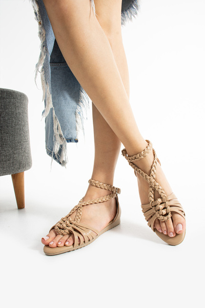 Gökçe Shoes Mairin Bej Örgü Detay Bilekten Bağlı Kadın Sandalet