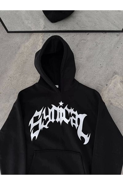 YALÇIN Fashion`S Winter Hooded Printed Oversize Sweatshirt- Black