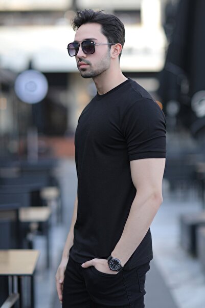 JB John Borners Ανδρικό μπλουζάκι με λαιμόκοψη από βαμβακερό μαύρο - 2639