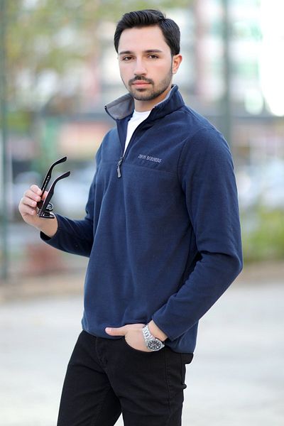 JB John Borners Men's Stand Collar Fleece Navy Blue Half Zipper Embroidery Detailed Regularfit - 6001