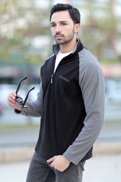 JB John Borners Men's Stand Collar Fleece Black Gray Garnished Half Zipper Embroidered - 6055