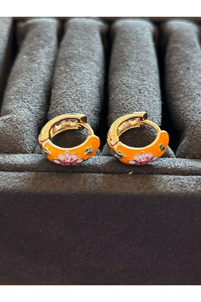 SE Jewellery Collection Selin Ersoy Orange Floral Enameled Summer Stylish Women's Hoop Earrings 1.4 cm