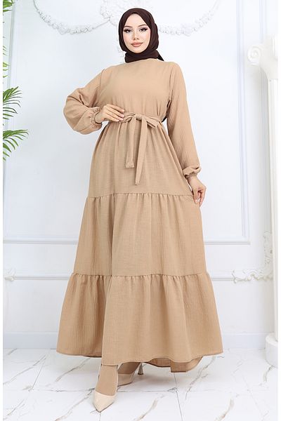 sefamerve Φόρεμα Sofia Linen Sleeve Elastic Belted 2023-08 Milk Coffee