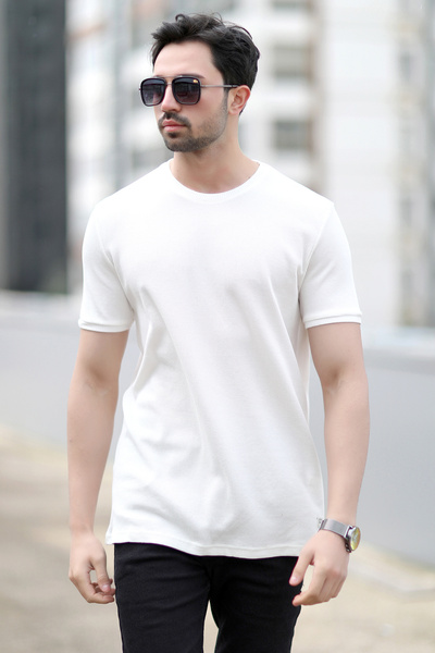 JB John Borners Ανδρικό μπλουζάκι με υφή βάφλα με λαιμόκοψη λευκό - 2709