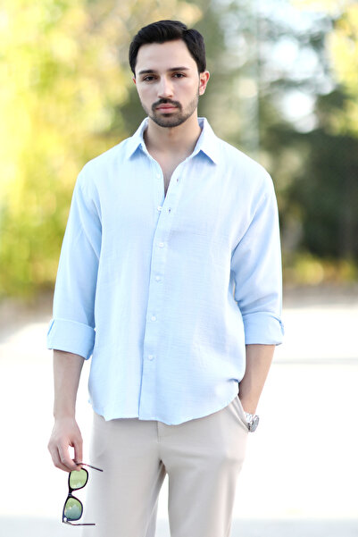 JB John Borners Чоловіча сорочка з бавовняної суміші без кишень, муслінова, світло-блакитна - 16701