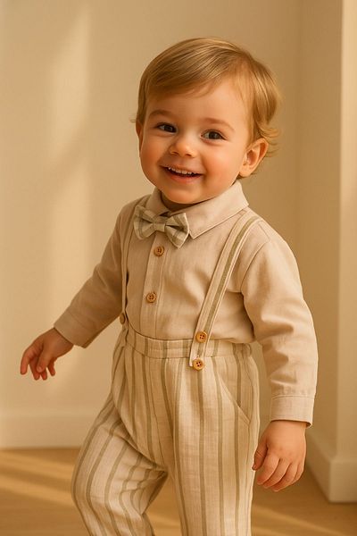 Minytrendy Baby Boy Children's Linen Shirt Muslin Salopet Bow Tie Eid Birthday Special Day Suit