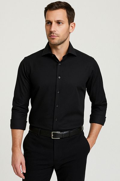 D'S Damat Black Slim Fit - Ușor de călcat Respirație, mânecă lungă și suport pentru cravată