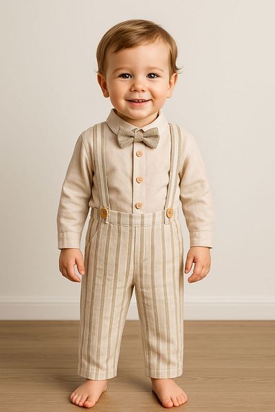 Minytrendy Baby Boy Children's Linen Shirt Muslin Salopet Bow Tie Eid Birthday Special Day Suit