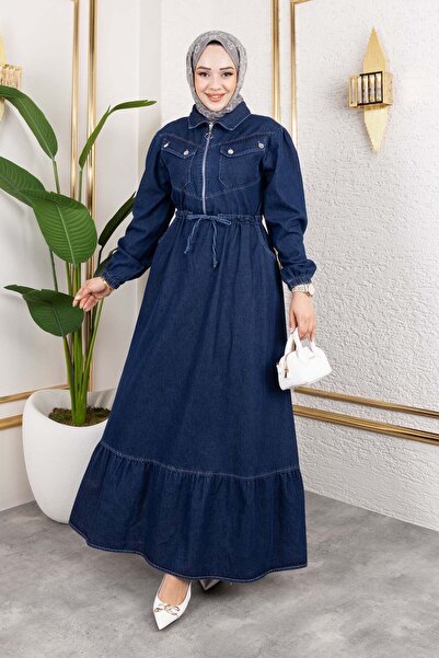 benguen Синя сукня з кишенями та шнурівкою на талії 6116