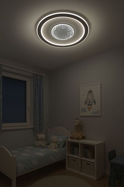 Vonalight Ø40Cm Moon Surface, Led Ceiling Lamp, Round, Children's Room, Chandelier, Plafonier, Front Strip Black 3000K