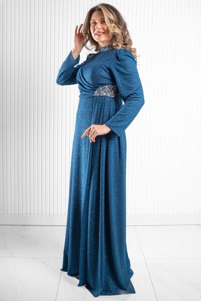 Modaviki Λεπτομέρειες Βραδινό φόρεμα με στάμπα με ασημί πέτρα petrol MDA2523