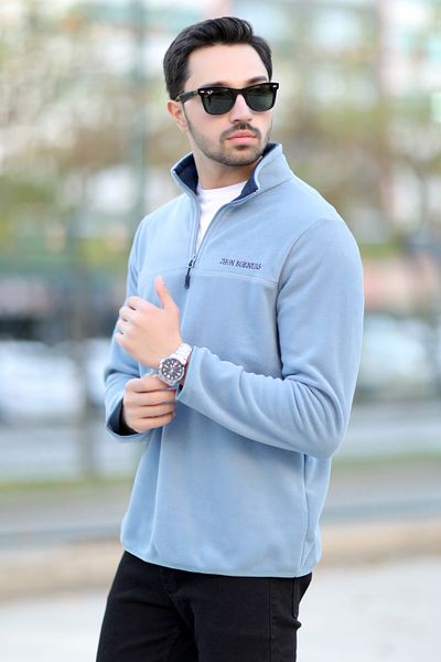 JB John Borners Men's Stand Collar Fleece Light Blue Half Zipper Embroidery Detailed Regularfit - 6001