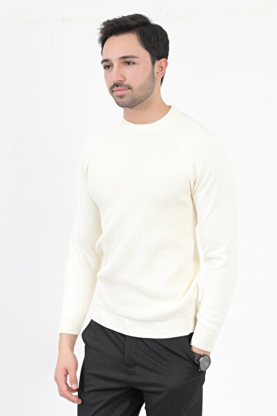 JB John Borners Ανδρικό πλεκτό πουλόβερ Slimfit - Ecru Micro Flament, ιταλικό μανίκι, λαιμόκοψη - 2010