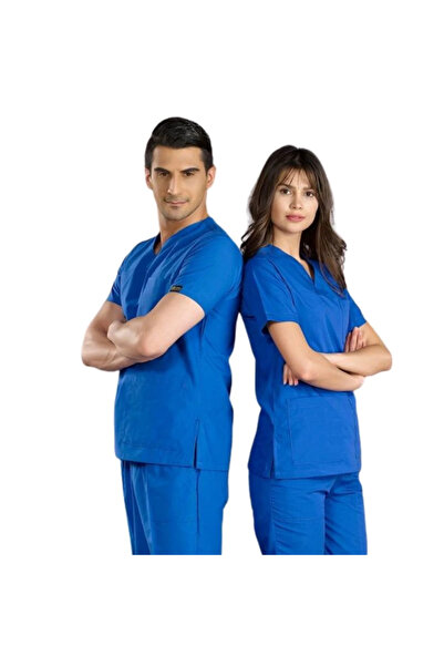 ÇİZGİ MEDİKAL SAKS MAVİ V Yaka Scrubs (Terikoton/İnce Kumaş) t200