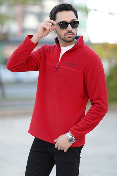 JB John Borners Men's Stand Collar Fleece Red Half Zipper Embroidery Detailed Regularfit - 6001